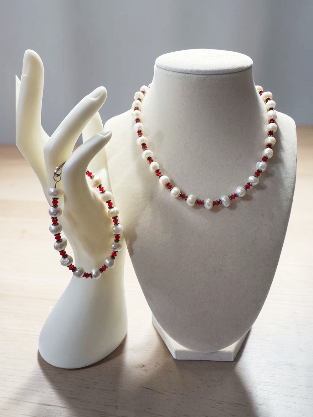 Freshwater Pearl Necklace and Bracelet set Accented with Red Crystal Beads